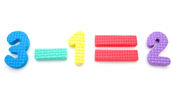 sum 3-1=2 of foam fugures over white background