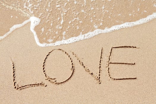 word Love written on the beach near the ocean