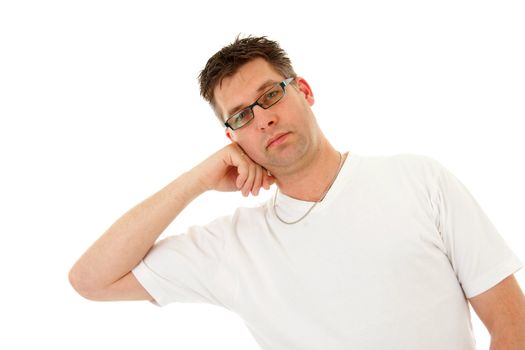 isolated man in white t-shirt is leaning and looking in camera