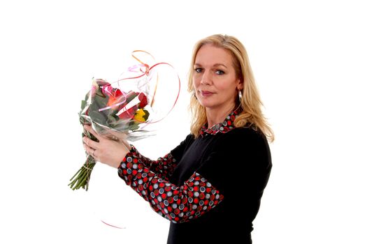 woman with bouquet of colorful roses isolated on white background