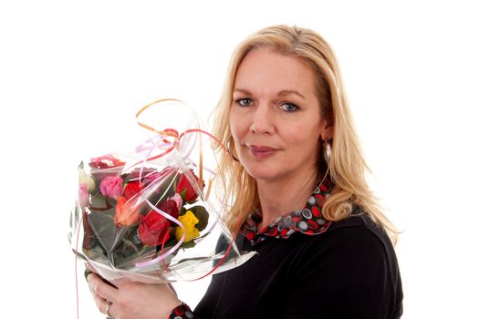 woman with bouquet of colorful roses isolated on white background