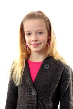 blonde girl is posing and looks into camera  over white background