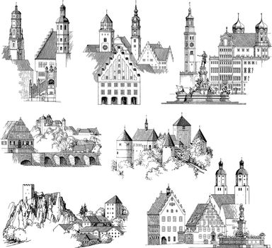 Drawing or engraving collection of medieval buildings and urban landscapes