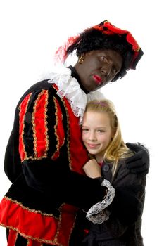 girl is hugging black pete ( typical Dutch event in december with character zwarte piet) over white background
