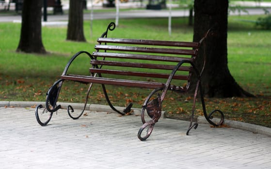 Metal forged bench in summer park with cat heads