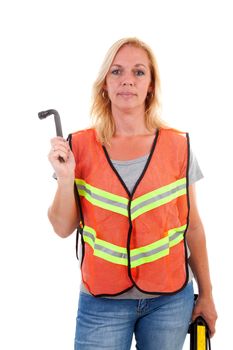 Woman in safety vest holding car breakdown jack over white background