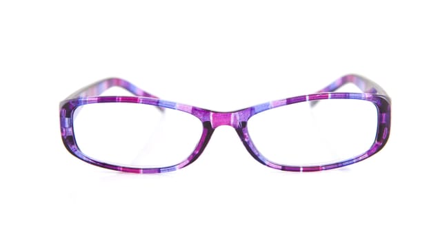 purple reading glasses isolated on white background