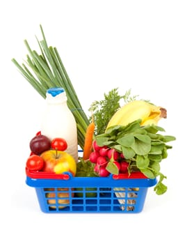 filled with grocery blue red shopping basket isolated on white background
