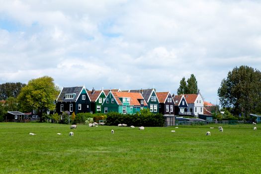 Landscape with typical Dutch houses in the village Marken