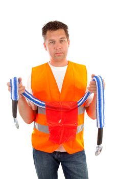 man in safety vest holding cable line over white background