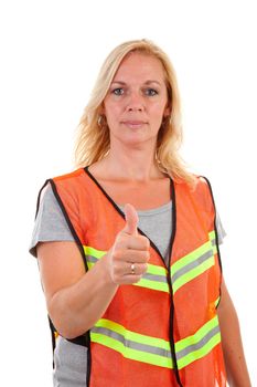 woman in safety vest with thumb up over white background
