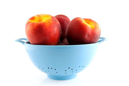 blue plastic colander with fresh peaches over white background