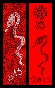 Chinese New Year of the Snake brush poster illustration over red background.