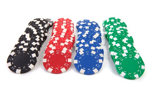 colorful poker casino chips over white background