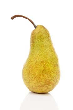 One juicy pear with water drops isolated on white background