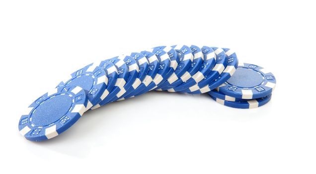 blue poker casino chips isolated on white background