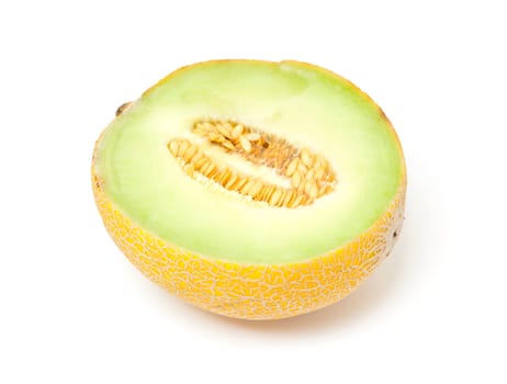 half yellow melon, you can see the seeds, over white background