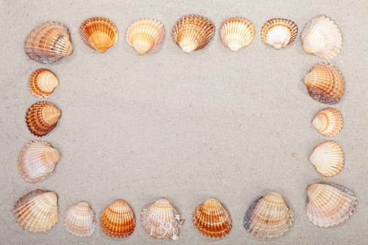 sand with frame made out of shells, can be used as background or your text on empty space