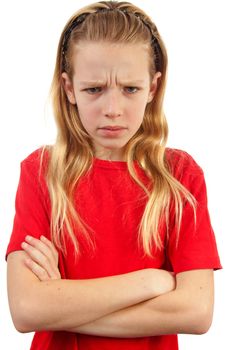 portrait of angry girl standing over white background