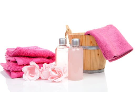 pink bath accessory for sauna or spa over white background