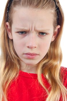 girl is angry, portrait in closeup, over white background