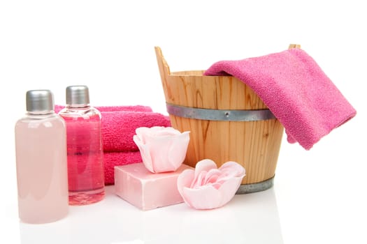 pink bath accessory for sauna or spa over white background