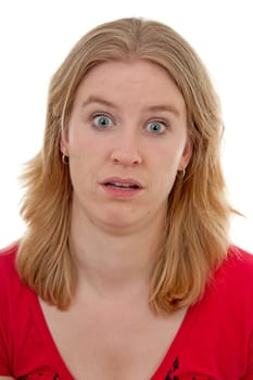 woman with big eyes is looking frightened over white background