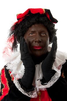 surprised Zwarte piet ( black pete) typical Dutch character part of a traditional event celebrating the birthday of  Sinterklaas in december over white background