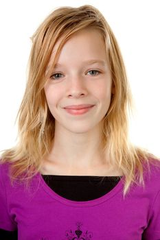 portrait of young teenage girl over white background