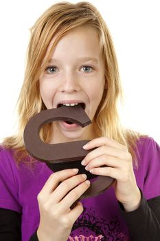 Girl with big chocolate letter for Sinterklaas, traditional in the netherlands, over white background