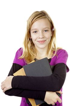 young girl carry books over white background