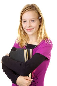 young girl carry books over white background