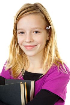 young girl carry books over white background