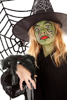 Scary green witches for Halloween with spiderweb over white background