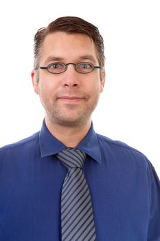 portait of male nerdy geek over white background