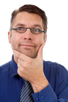 portrait of male nerdy geek thinking over white background