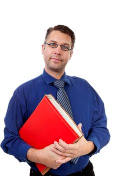 male nerdy geek carry books over white background