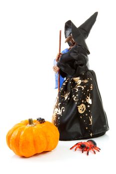 Witch doll for Halloween with pumpkin and spiders over white background