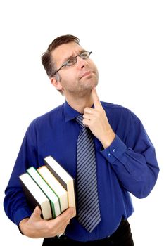 male nerdy geek carry books over white background