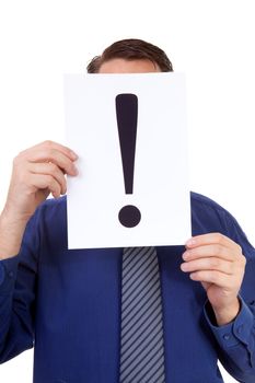 geek is holding board with exclamation mark over his face over white background