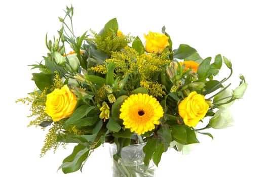 bouquet of yellow flowers in vase over white background