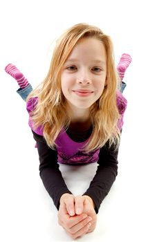 blonde girl lie over white background looking at you