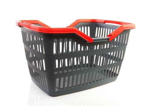 empty grey shopping basket with red handles isolated on white background