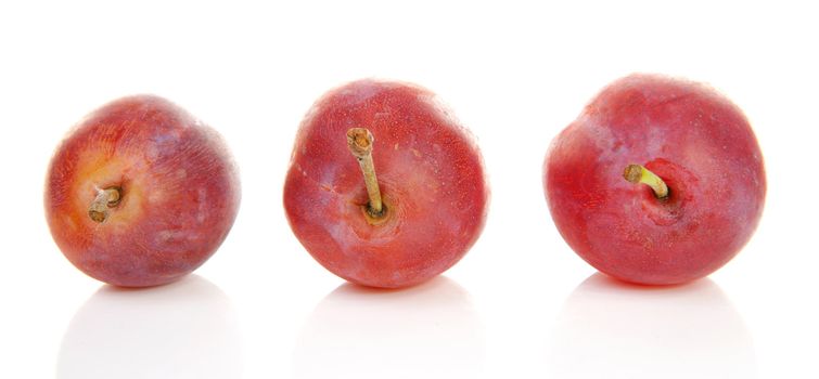Three healthy plums over white background