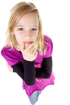 teenage girl in studio seen from above is thinking, over white background