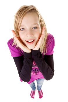 teenage girl in studio seen from above is looking surprised, over white background
