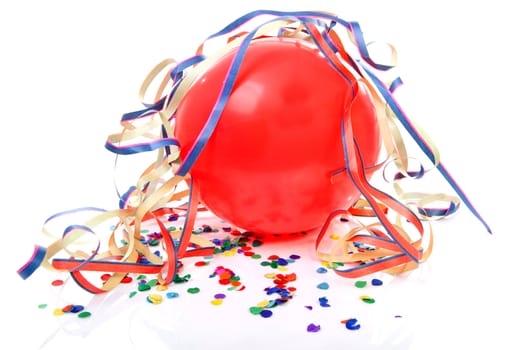 red party balloon, confetti and streamers over white background