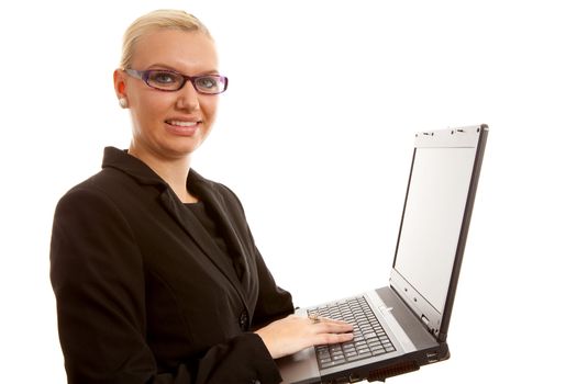 busy blonde secretary with laptop over white background
