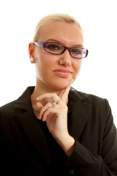 Closeup portrait of businesswoman thinking, over white background