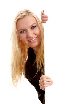 young blonde woman holding empty text board over white background